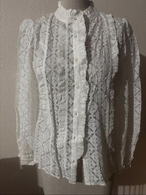 Sezane White Lace Ruffled Button-Front Blouse. New!